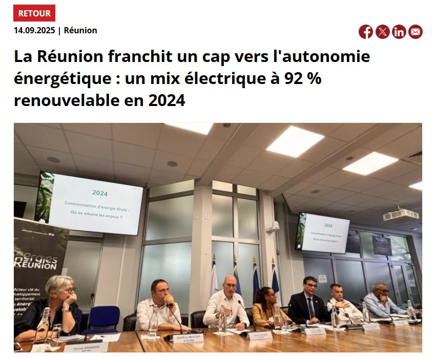 Article de presse — 92 % d'électricité renouvelable à La Réunion